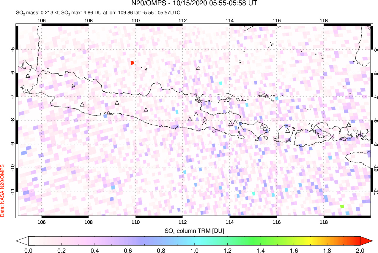 A sulfur dioxide image over Java, Indonesia on Oct 15, 2020.
