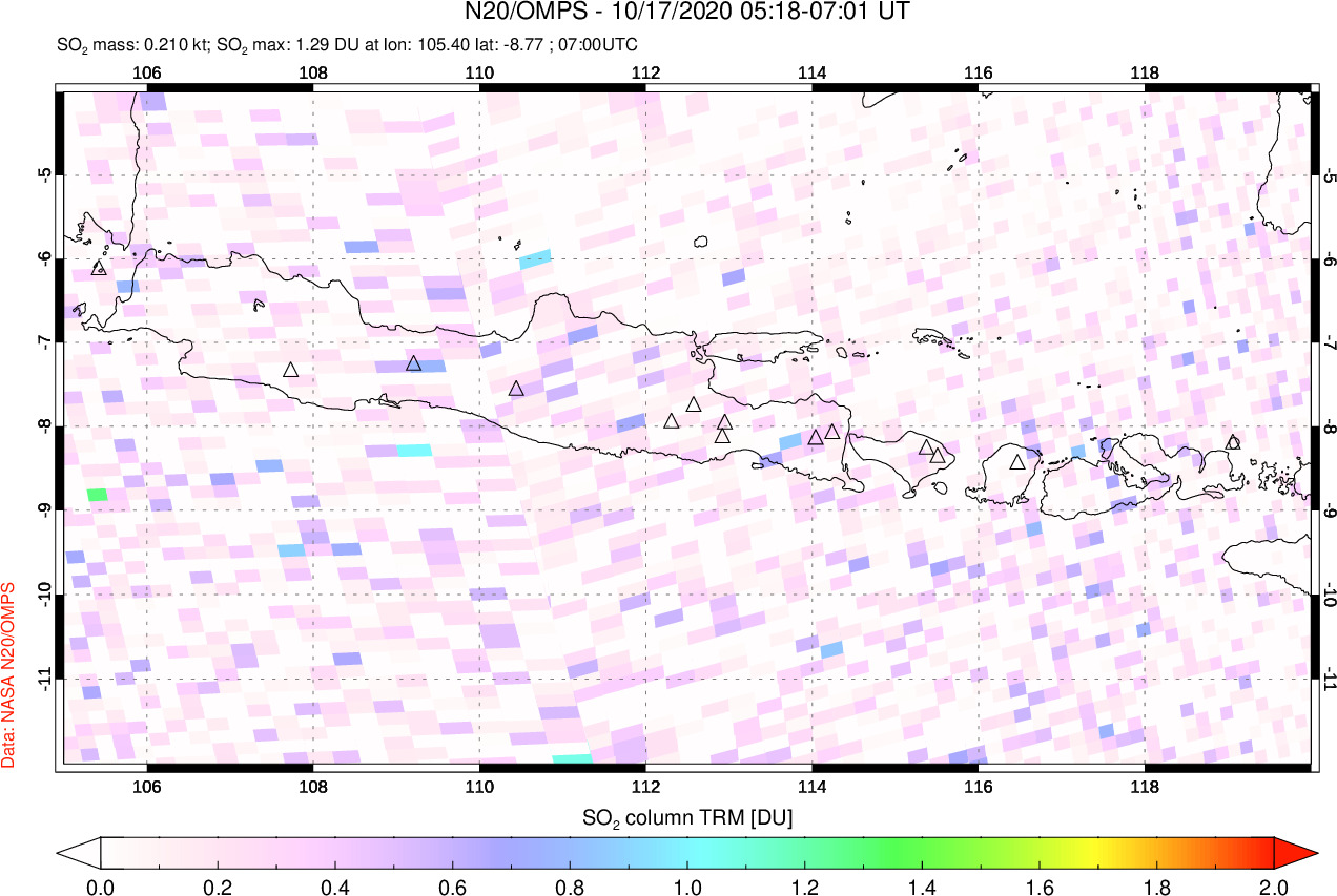 A sulfur dioxide image over Java, Indonesia on Oct 17, 2020.
