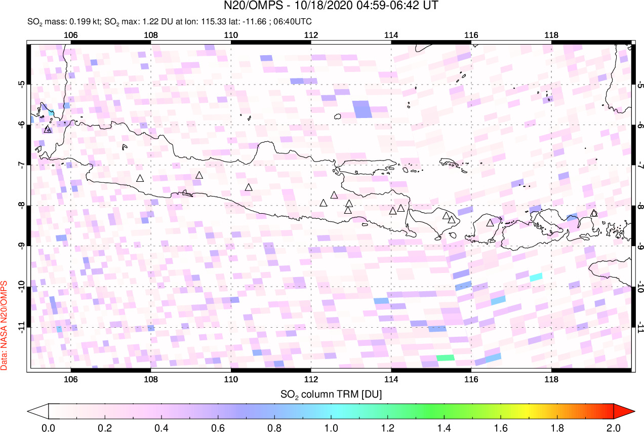 A sulfur dioxide image over Java, Indonesia on Oct 18, 2020.