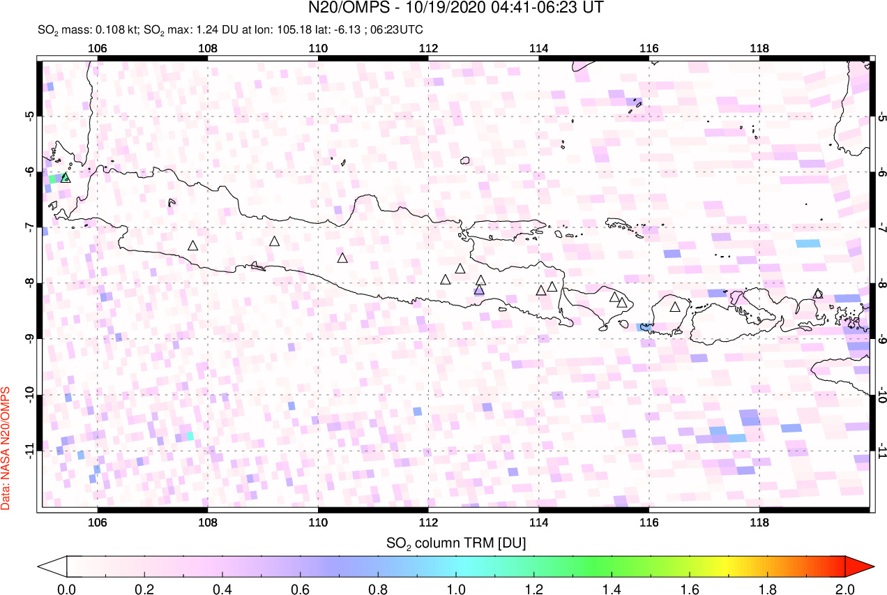 A sulfur dioxide image over Java, Indonesia on Oct 19, 2020.