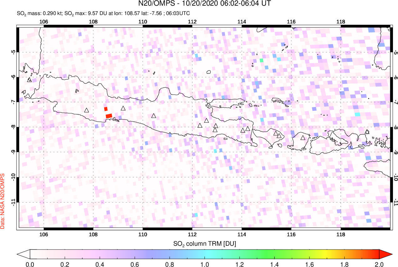 A sulfur dioxide image over Java, Indonesia on Oct 20, 2020.