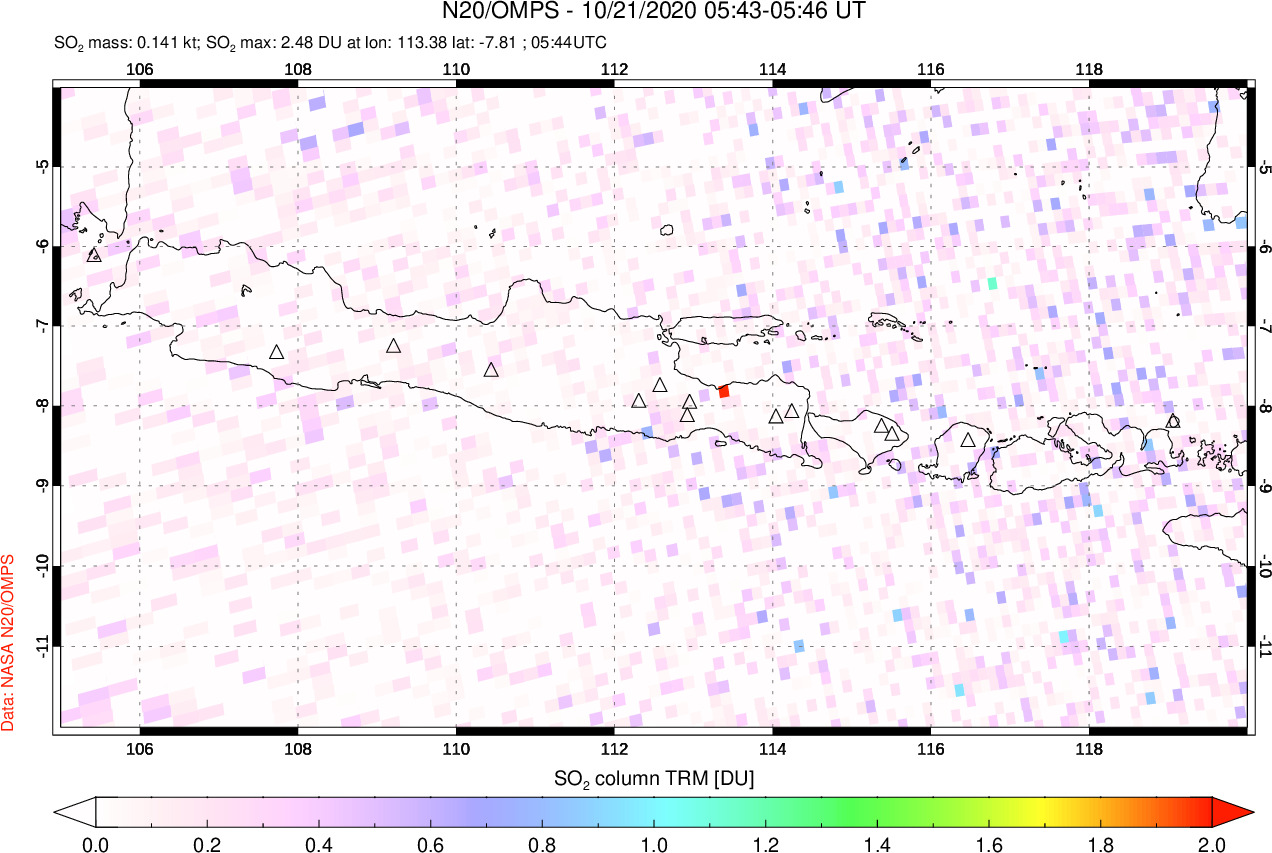 A sulfur dioxide image over Java, Indonesia on Oct 21, 2020.