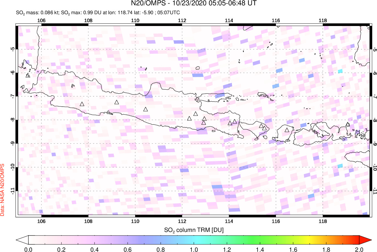 A sulfur dioxide image over Java, Indonesia on Oct 23, 2020.