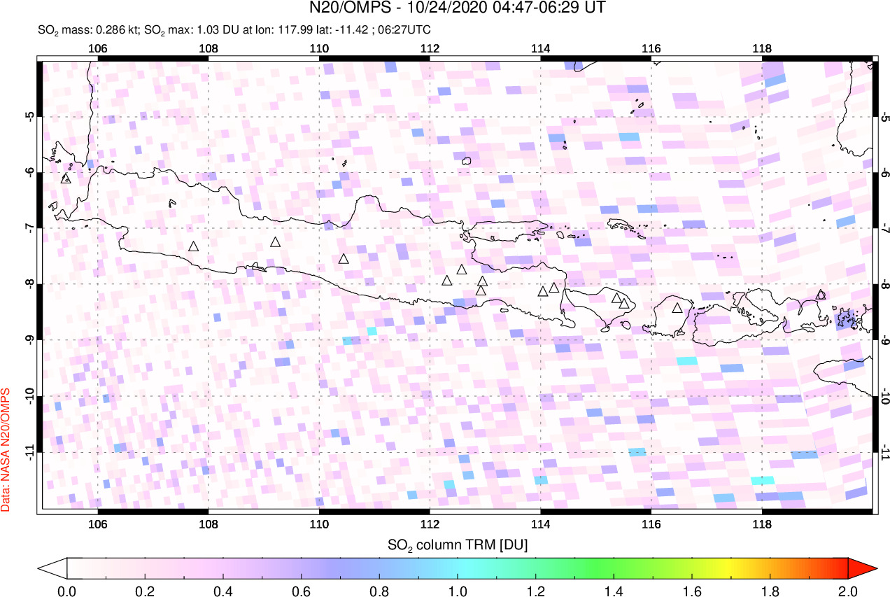A sulfur dioxide image over Java, Indonesia on Oct 24, 2020.