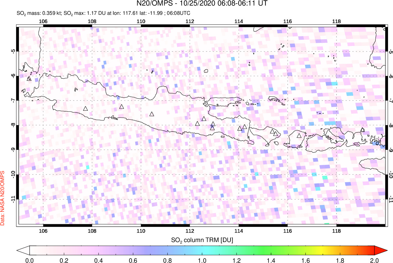 A sulfur dioxide image over Java, Indonesia on Oct 25, 2020.