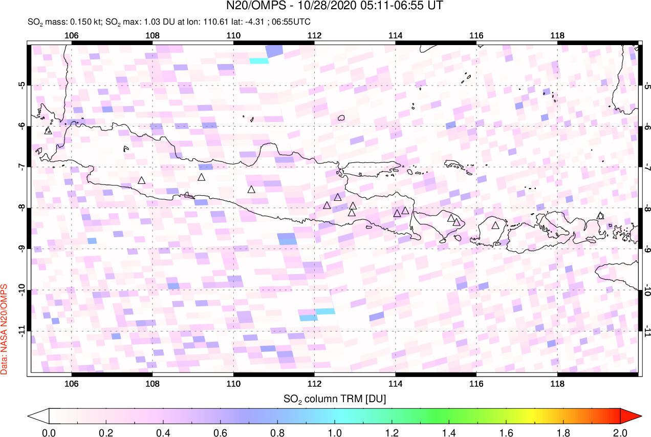 A sulfur dioxide image over Java, Indonesia on Oct 28, 2020.