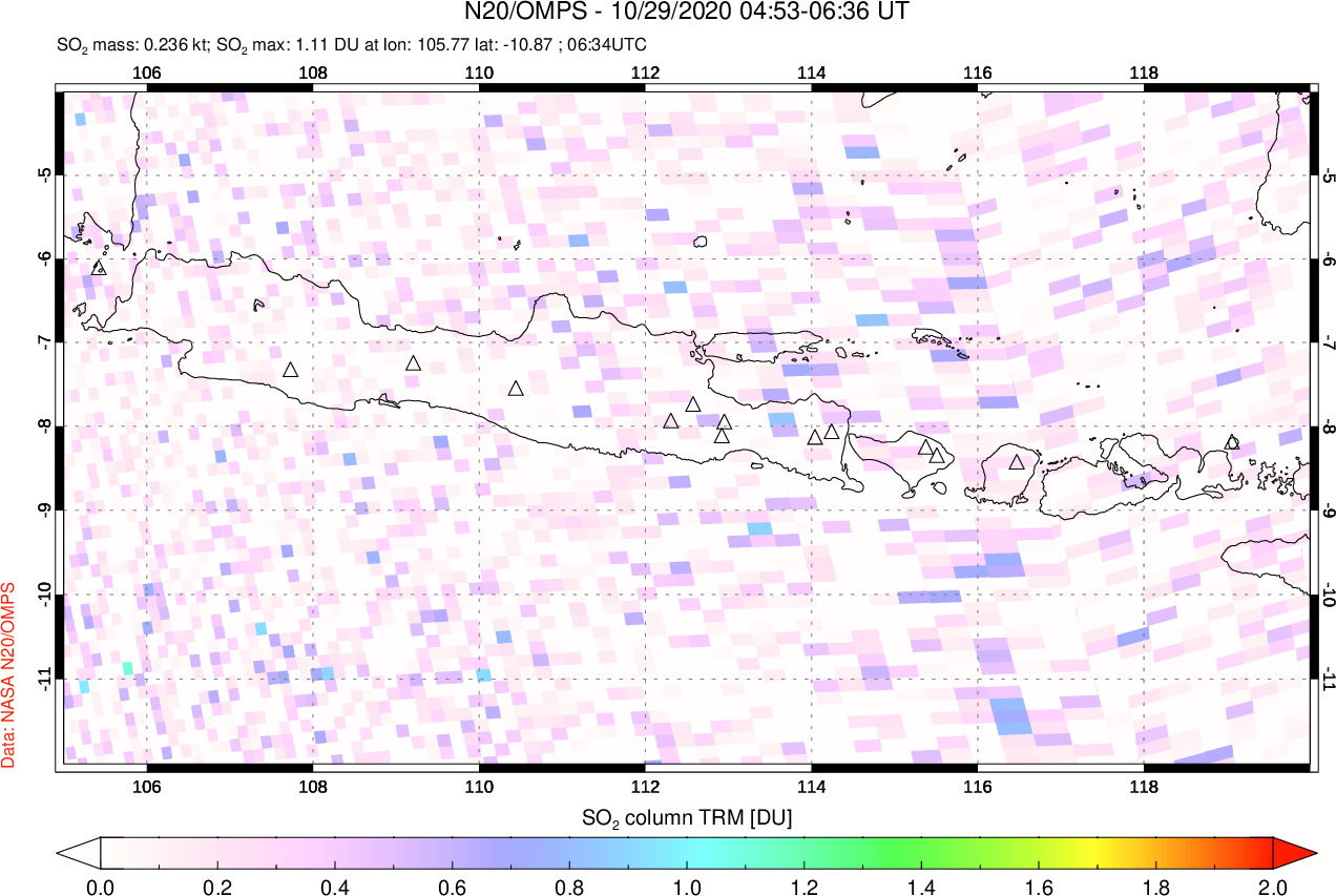 A sulfur dioxide image over Java, Indonesia on Oct 29, 2020.