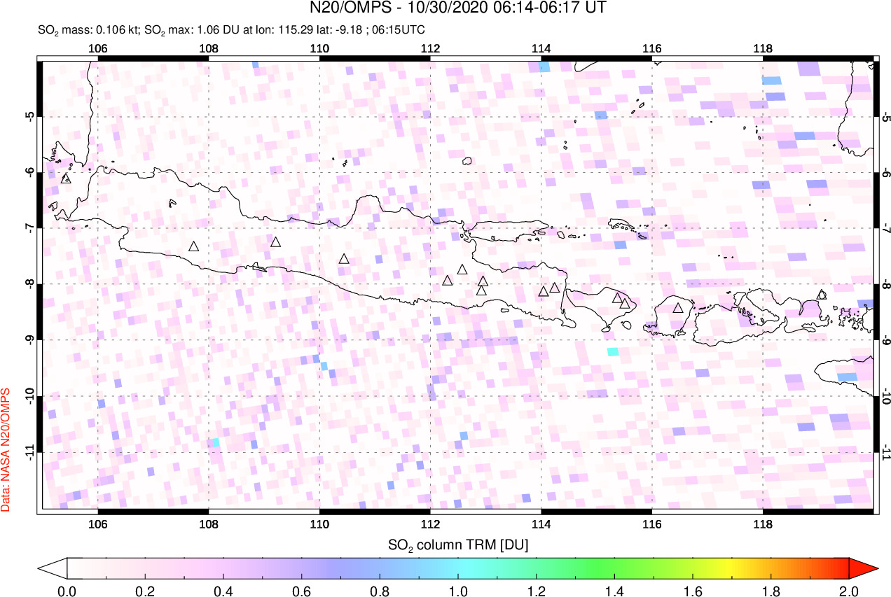 A sulfur dioxide image over Java, Indonesia on Oct 30, 2020.