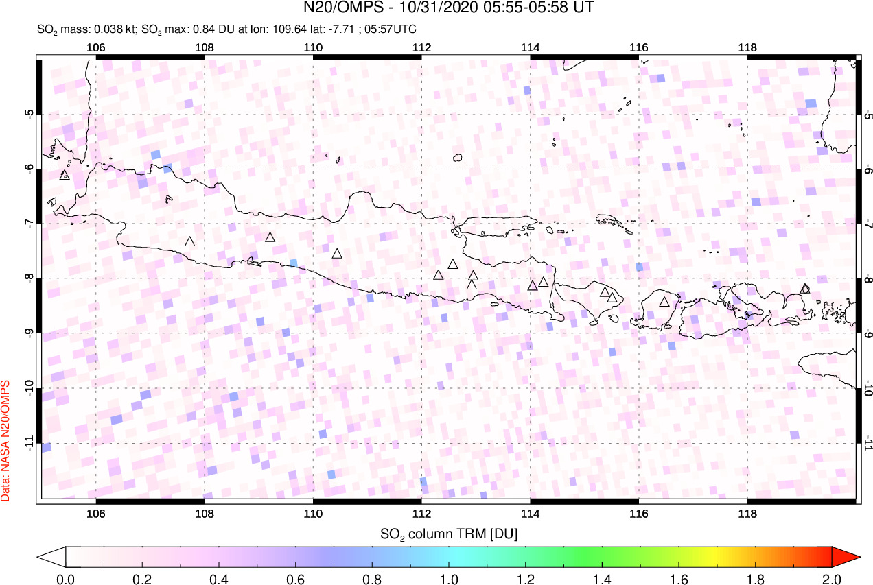 A sulfur dioxide image over Java, Indonesia on Oct 31, 2020.