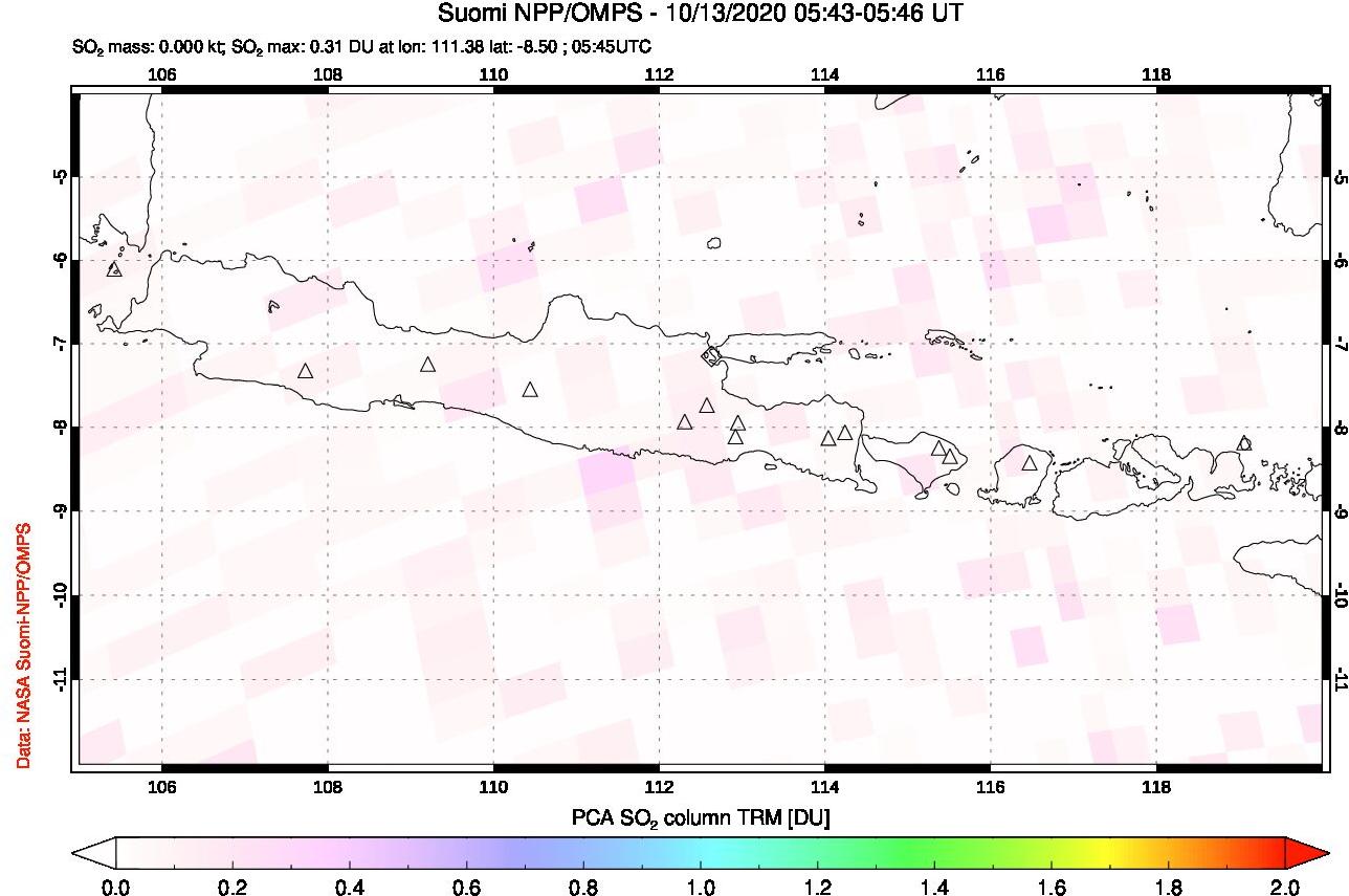 A sulfur dioxide image over Java, Indonesia on Oct 13, 2020.