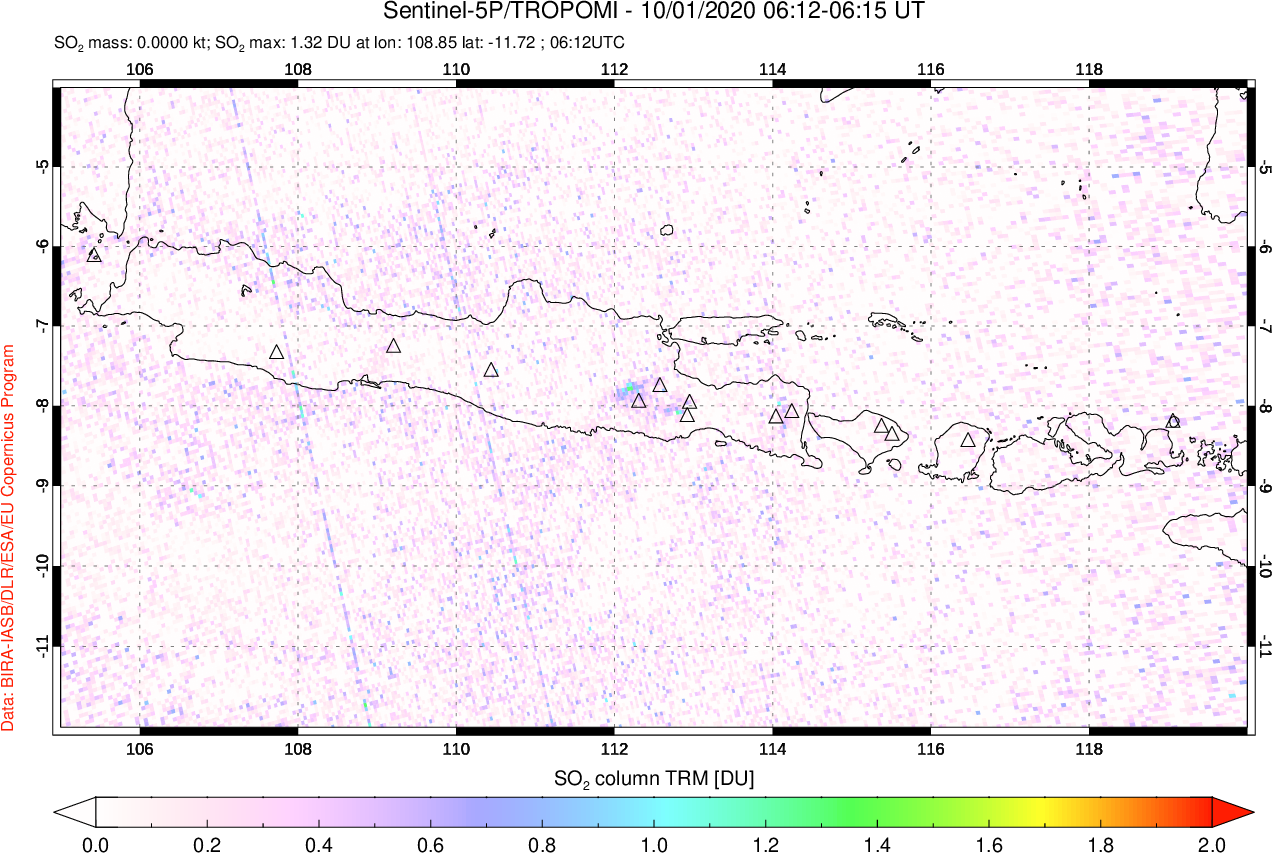 A sulfur dioxide image over Java, Indonesia on Oct 01, 2020.