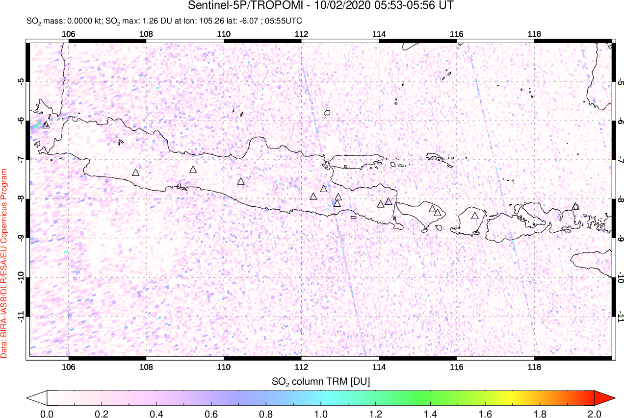 A sulfur dioxide image over Java, Indonesia on Oct 02, 2020.