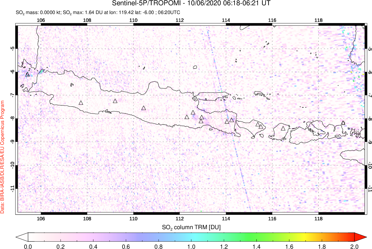A sulfur dioxide image over Java, Indonesia on Oct 06, 2020.