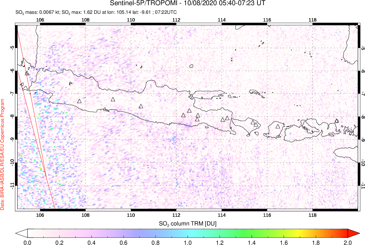 A sulfur dioxide image over Java, Indonesia on Oct 08, 2020.