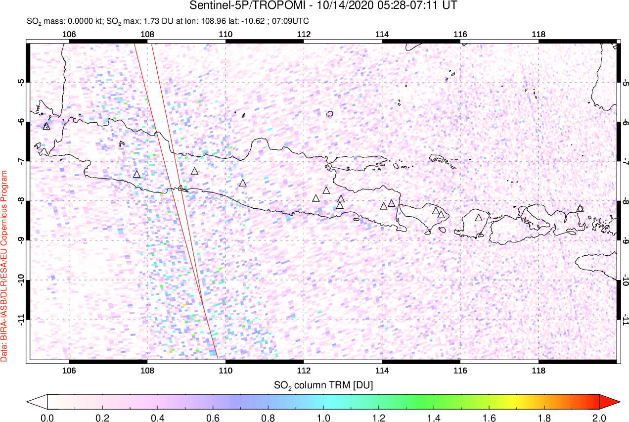 A sulfur dioxide image over Java, Indonesia on Oct 14, 2020.