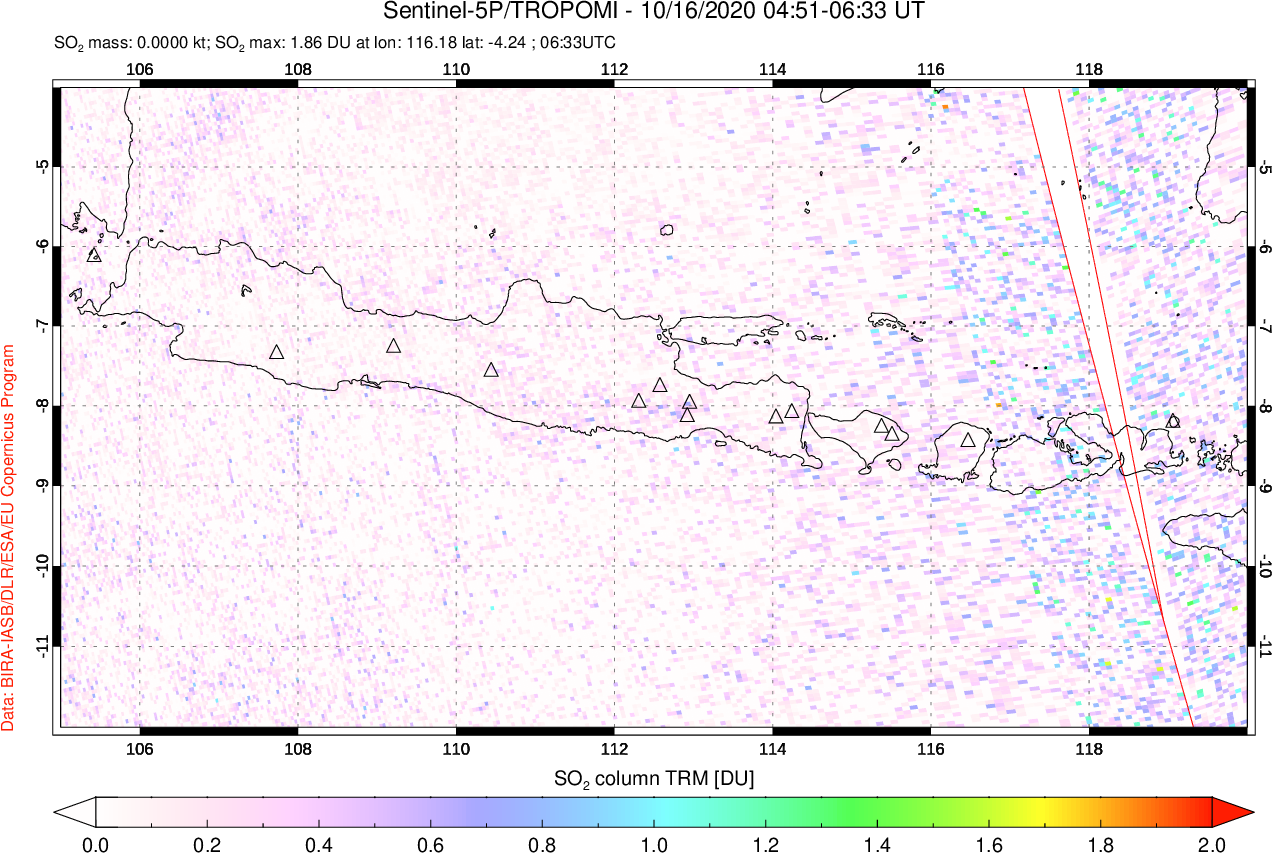 A sulfur dioxide image over Java, Indonesia on Oct 16, 2020.