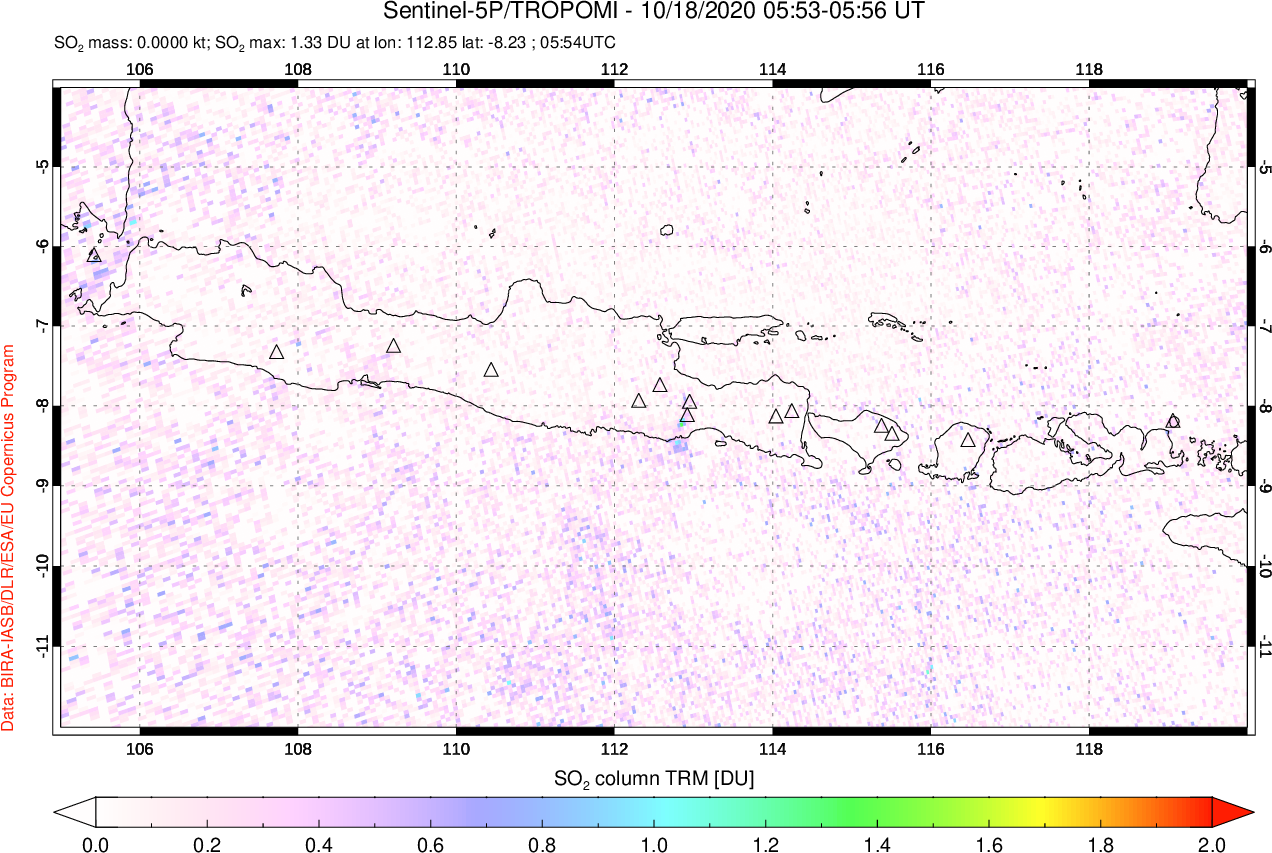 A sulfur dioxide image over Java, Indonesia on Oct 18, 2020.