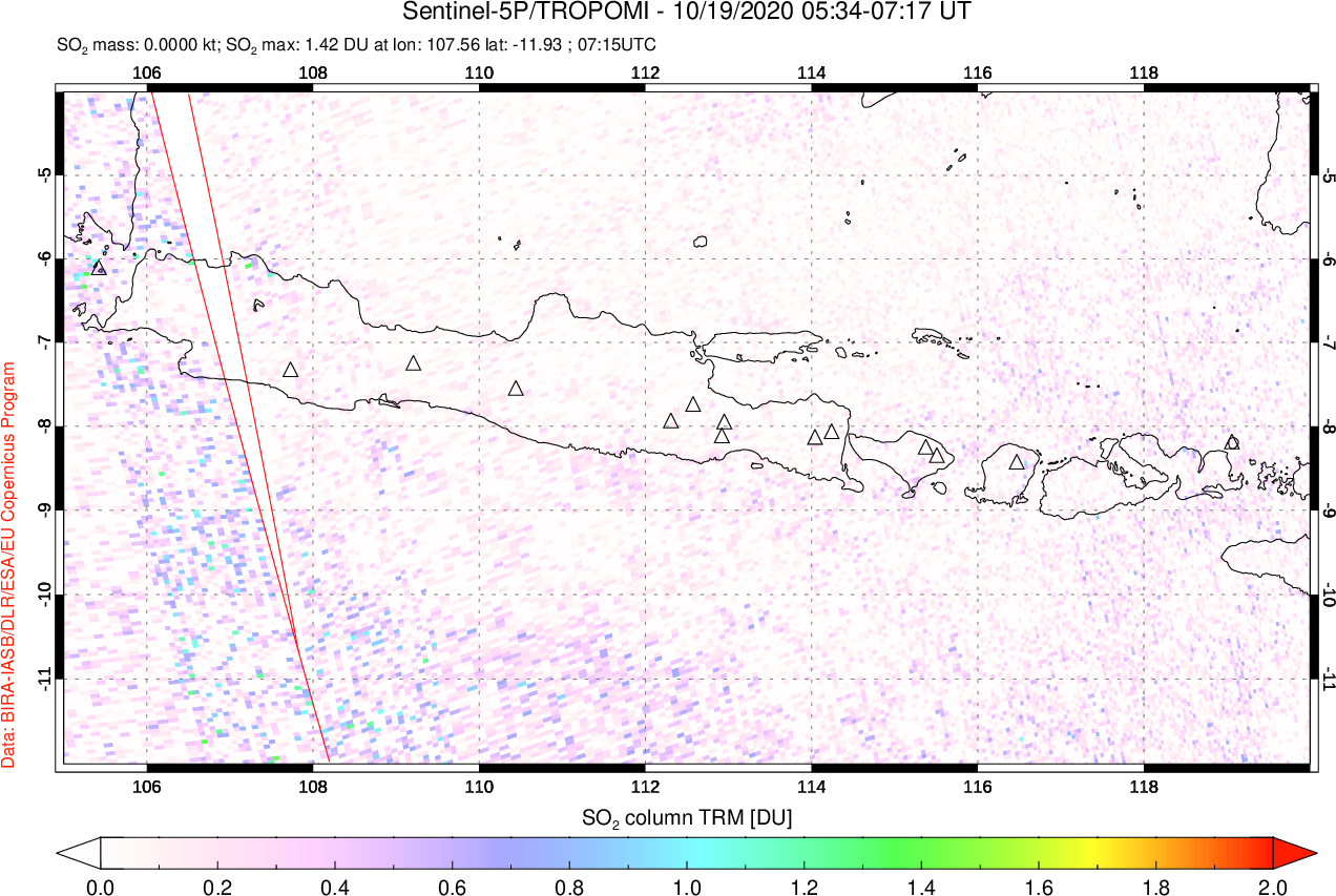 A sulfur dioxide image over Java, Indonesia on Oct 19, 2020.