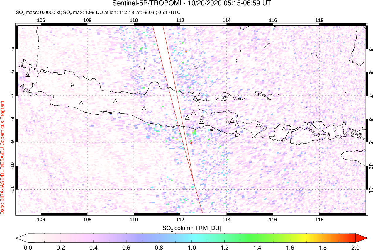 A sulfur dioxide image over Java, Indonesia on Oct 20, 2020.