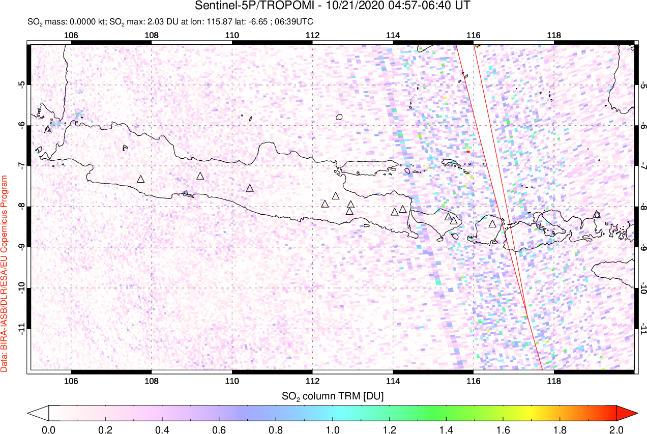 A sulfur dioxide image over Java, Indonesia on Oct 21, 2020.