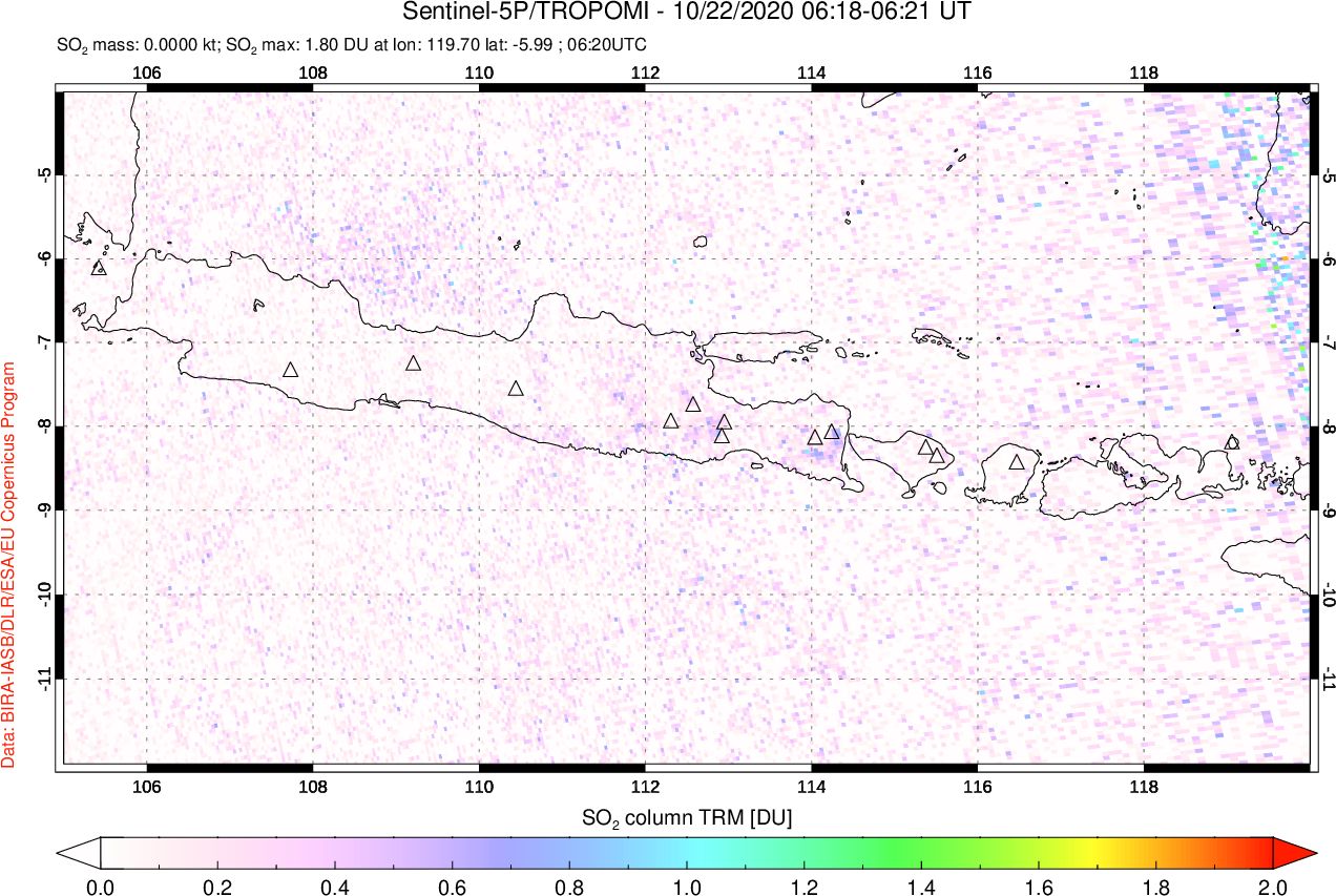 A sulfur dioxide image over Java, Indonesia on Oct 22, 2020.