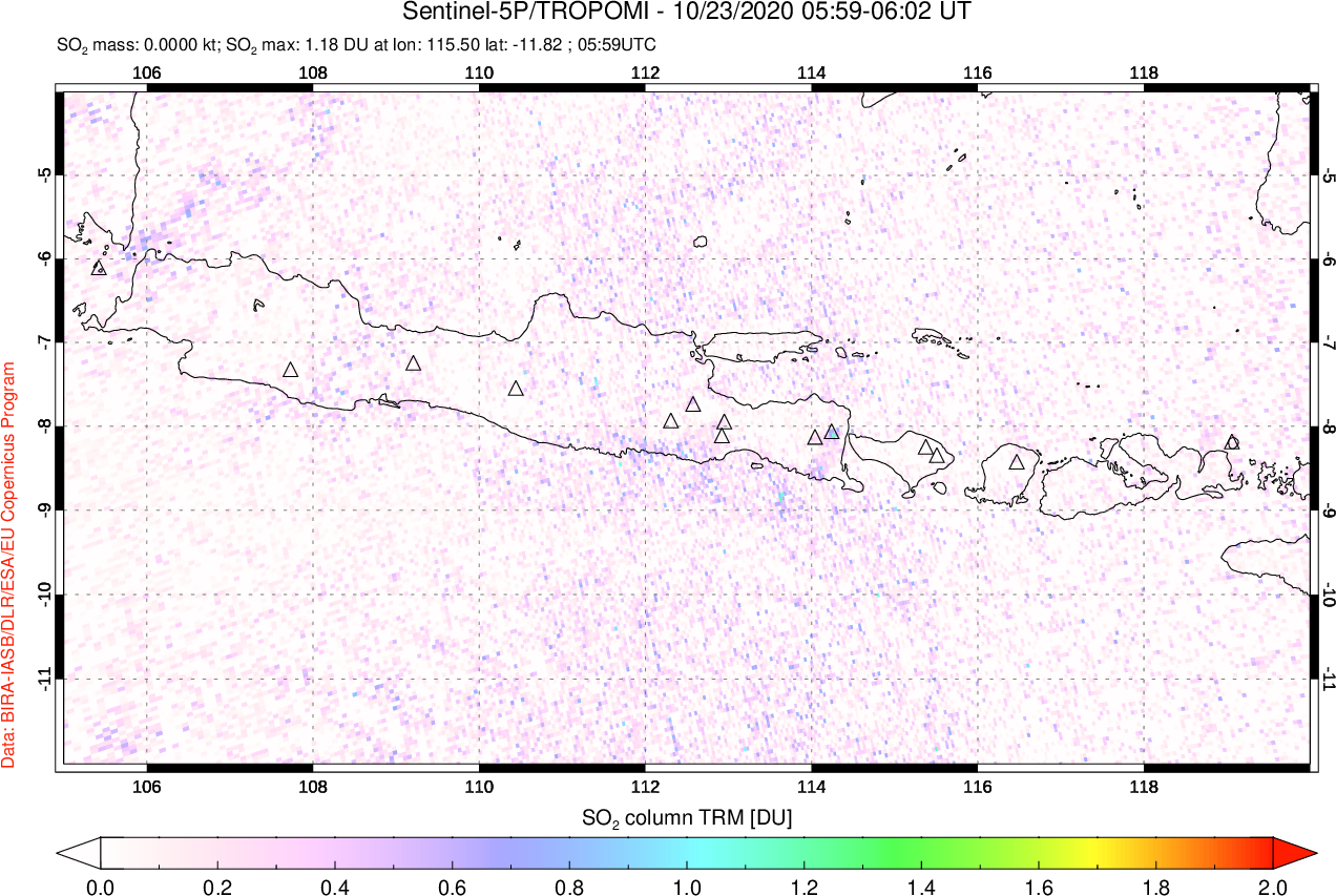 A sulfur dioxide image over Java, Indonesia on Oct 23, 2020.