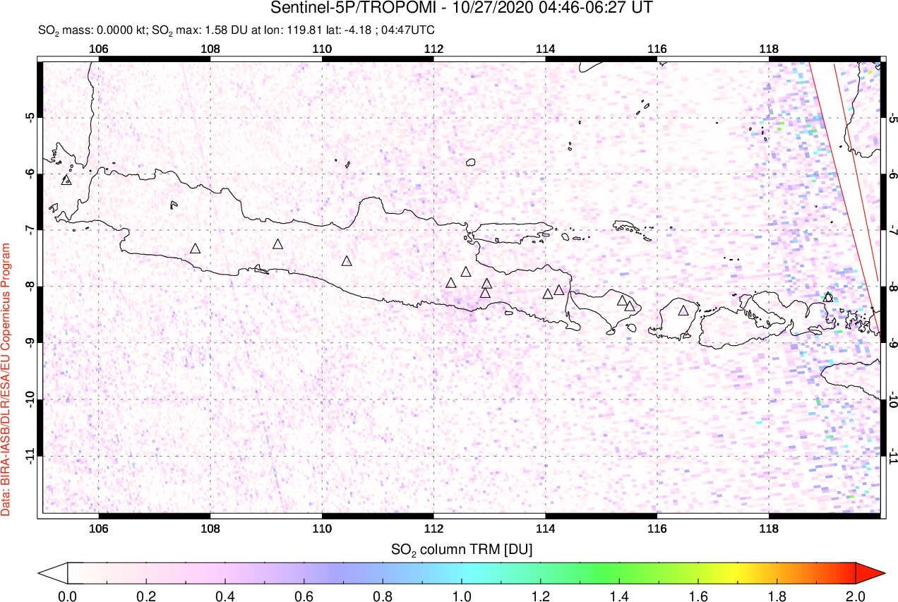 A sulfur dioxide image over Java, Indonesia on Oct 27, 2020.