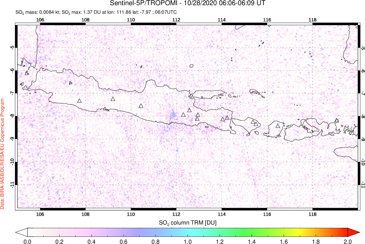 A sulfur dioxide image over Java, Indonesia on Oct 28, 2020.