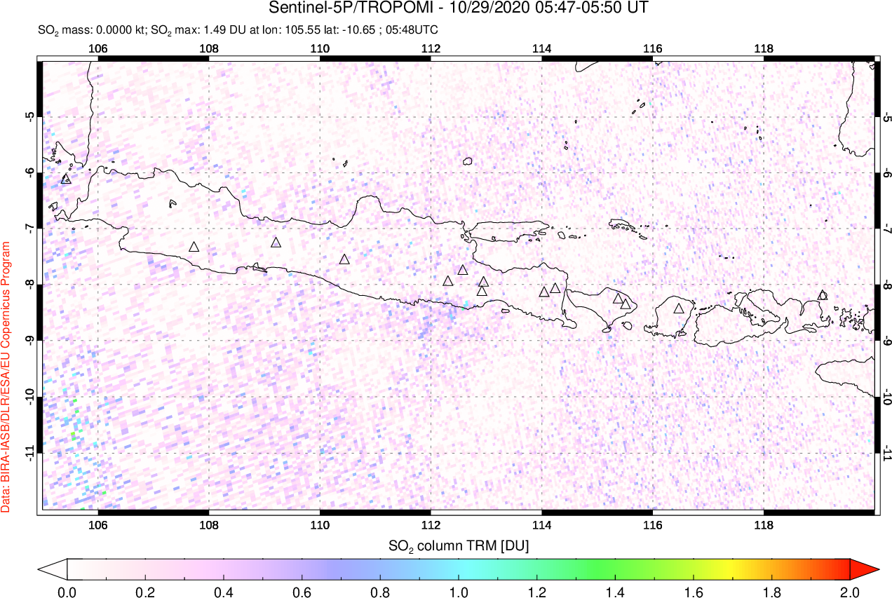 A sulfur dioxide image over Java, Indonesia on Oct 29, 2020.
