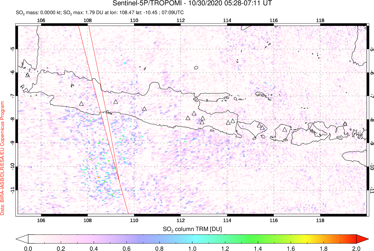 A sulfur dioxide image over Java, Indonesia on Oct 30, 2020.