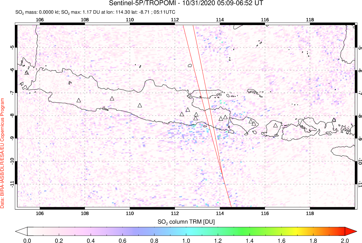 A sulfur dioxide image over Java, Indonesia on Oct 31, 2020.