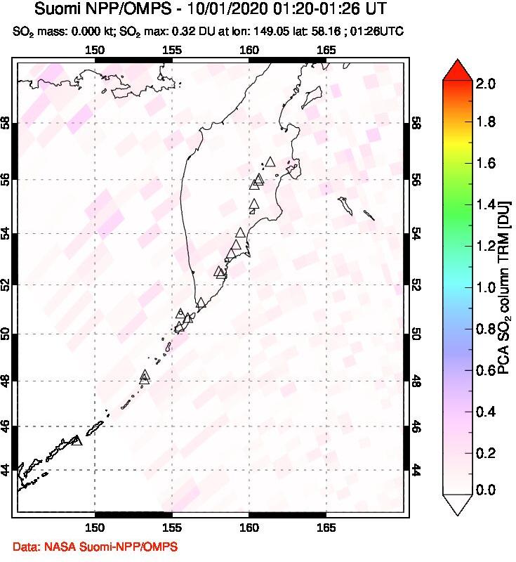 A sulfur dioxide image over Kamchatka, Russian Federation on Oct 01, 2020.