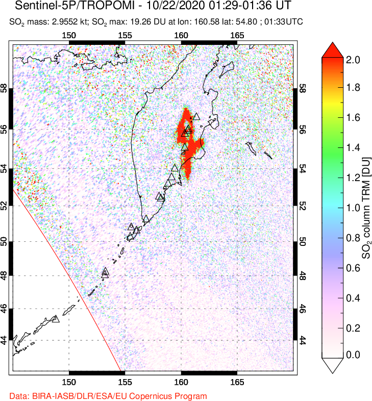 A sulfur dioxide image over Kamchatka, Russian Federation on Oct 22, 2020.