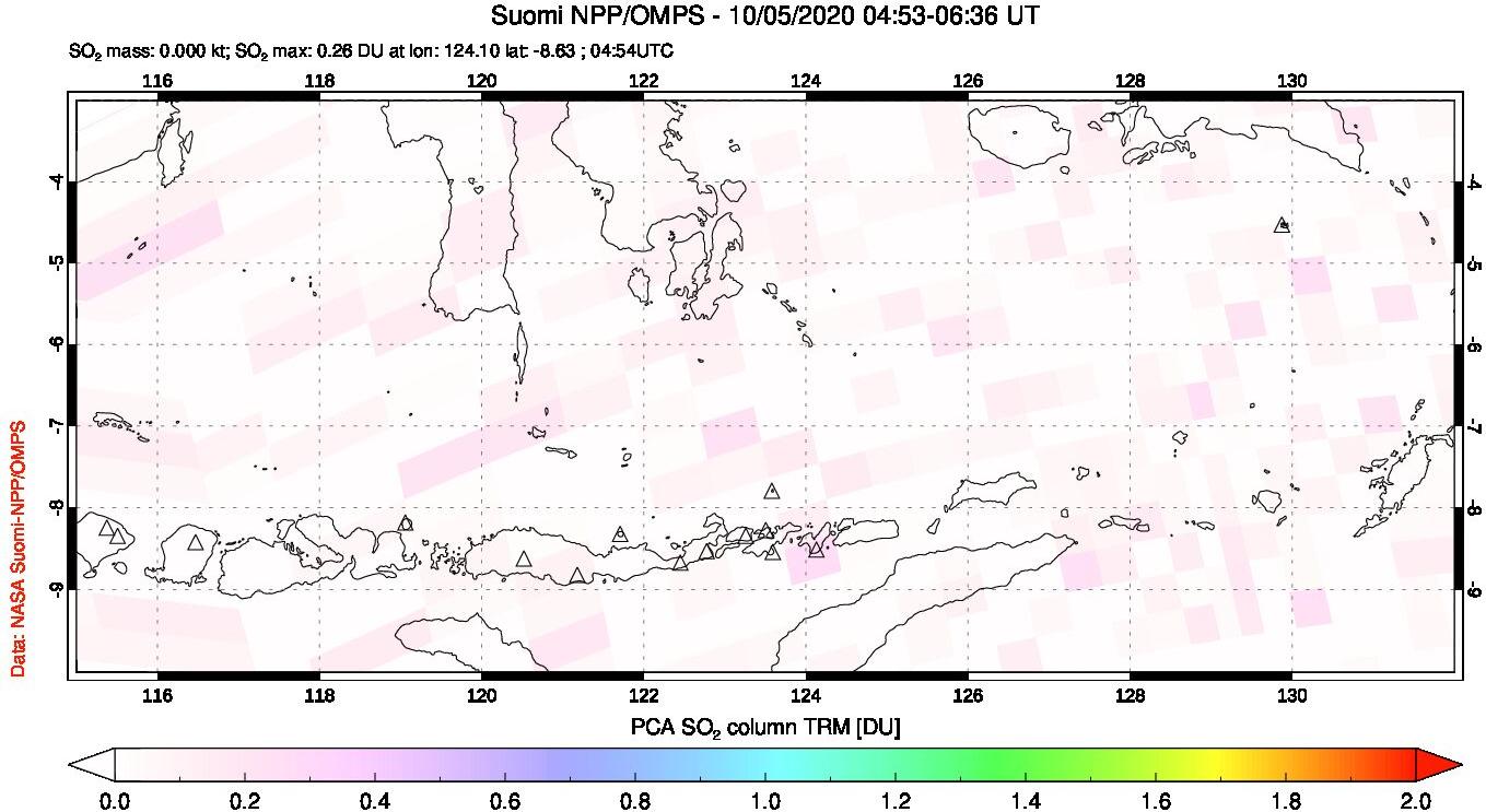 A sulfur dioxide image over Lesser Sunda Islands, Indonesia on Oct 05, 2020.