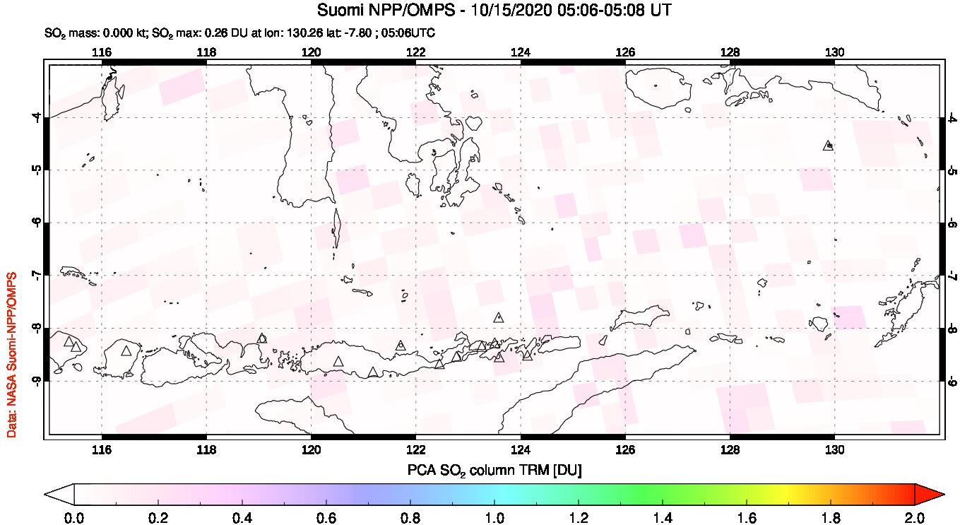 A sulfur dioxide image over Lesser Sunda Islands, Indonesia on Oct 15, 2020.