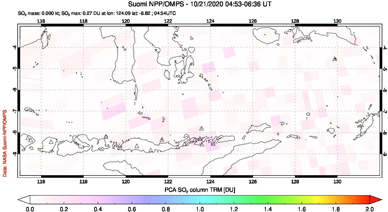 A sulfur dioxide image over Lesser Sunda Islands, Indonesia on Oct 21, 2020.