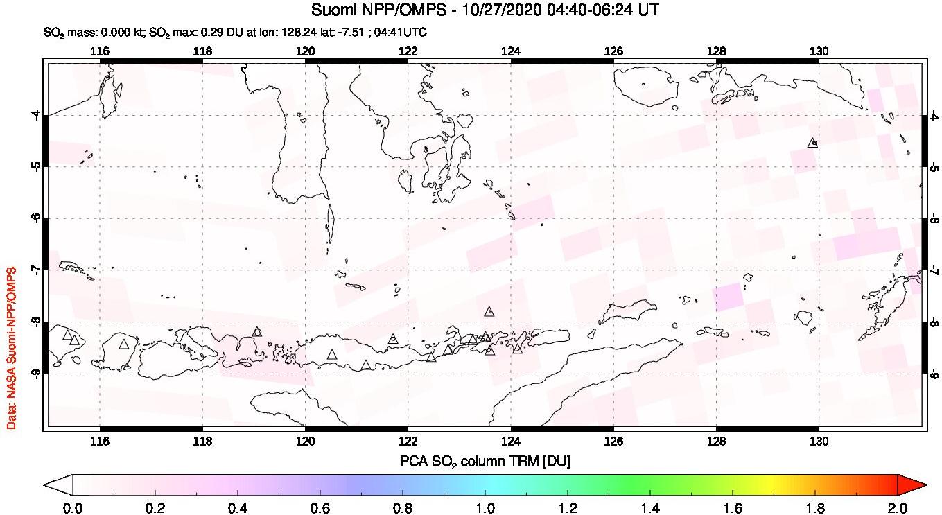 A sulfur dioxide image over Lesser Sunda Islands, Indonesia on Oct 27, 2020.