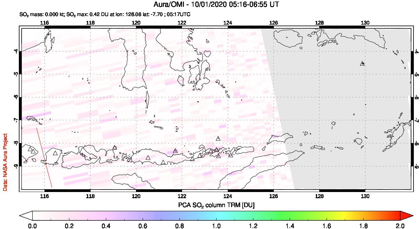 A sulfur dioxide image over Lesser Sunda Islands, Indonesia on Oct 01, 2020.