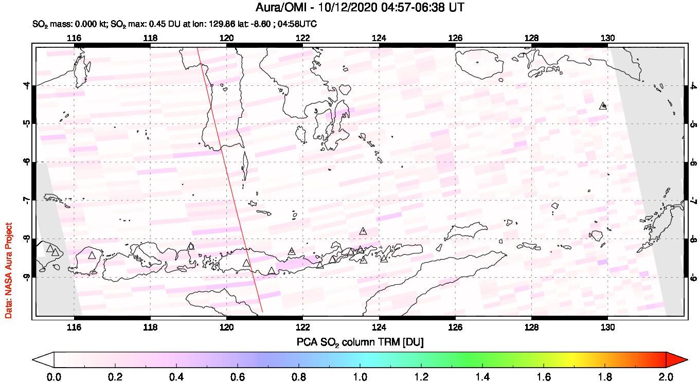 A sulfur dioxide image over Lesser Sunda Islands, Indonesia on Oct 12, 2020.