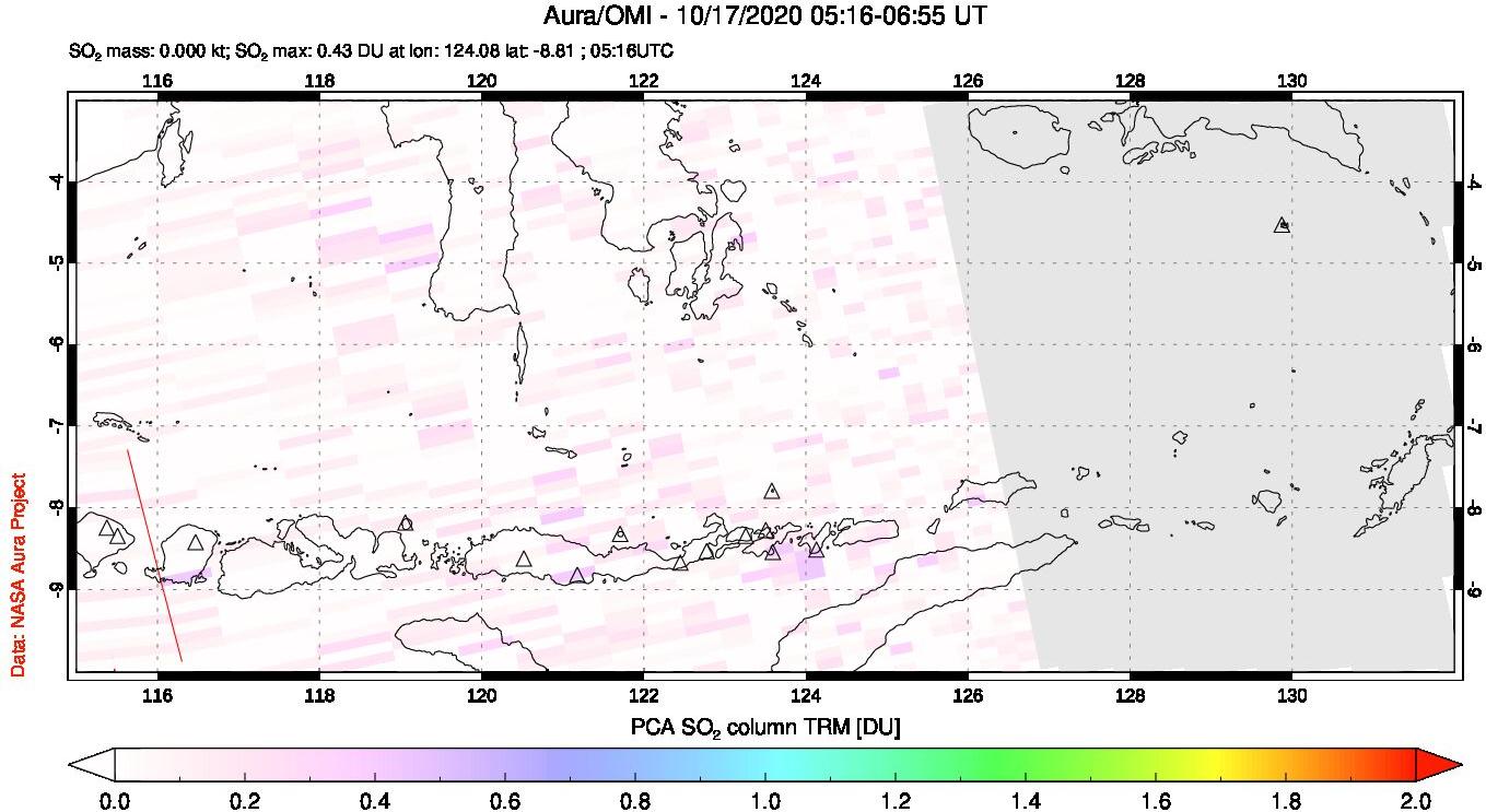 A sulfur dioxide image over Lesser Sunda Islands, Indonesia on Oct 17, 2020.