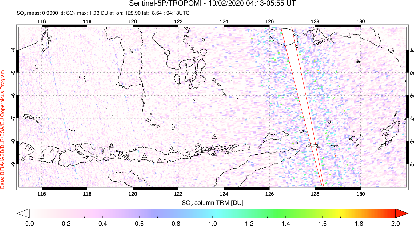 A sulfur dioxide image over Lesser Sunda Islands, Indonesia on Oct 02, 2020.