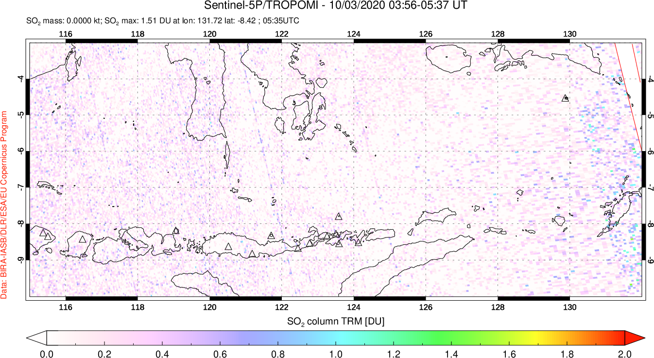 A sulfur dioxide image over Lesser Sunda Islands, Indonesia on Oct 03, 2020.