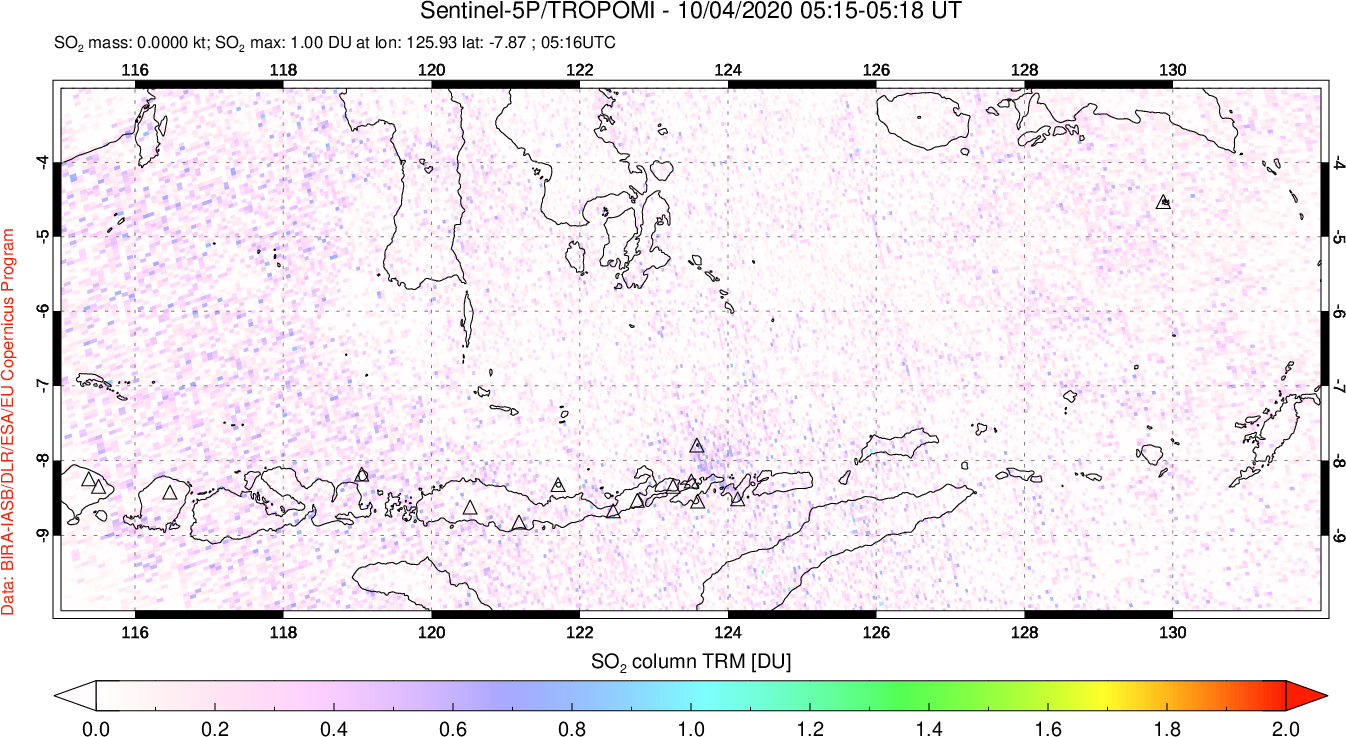 A sulfur dioxide image over Lesser Sunda Islands, Indonesia on Oct 04, 2020.