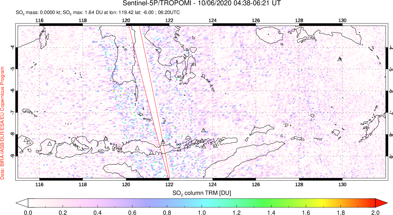 A sulfur dioxide image over Lesser Sunda Islands, Indonesia on Oct 06, 2020.
