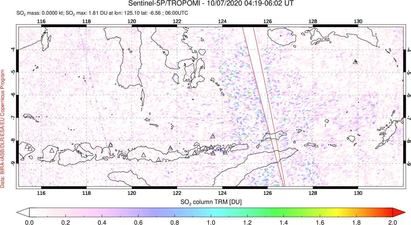 A sulfur dioxide image over Lesser Sunda Islands, Indonesia on Oct 07, 2020.