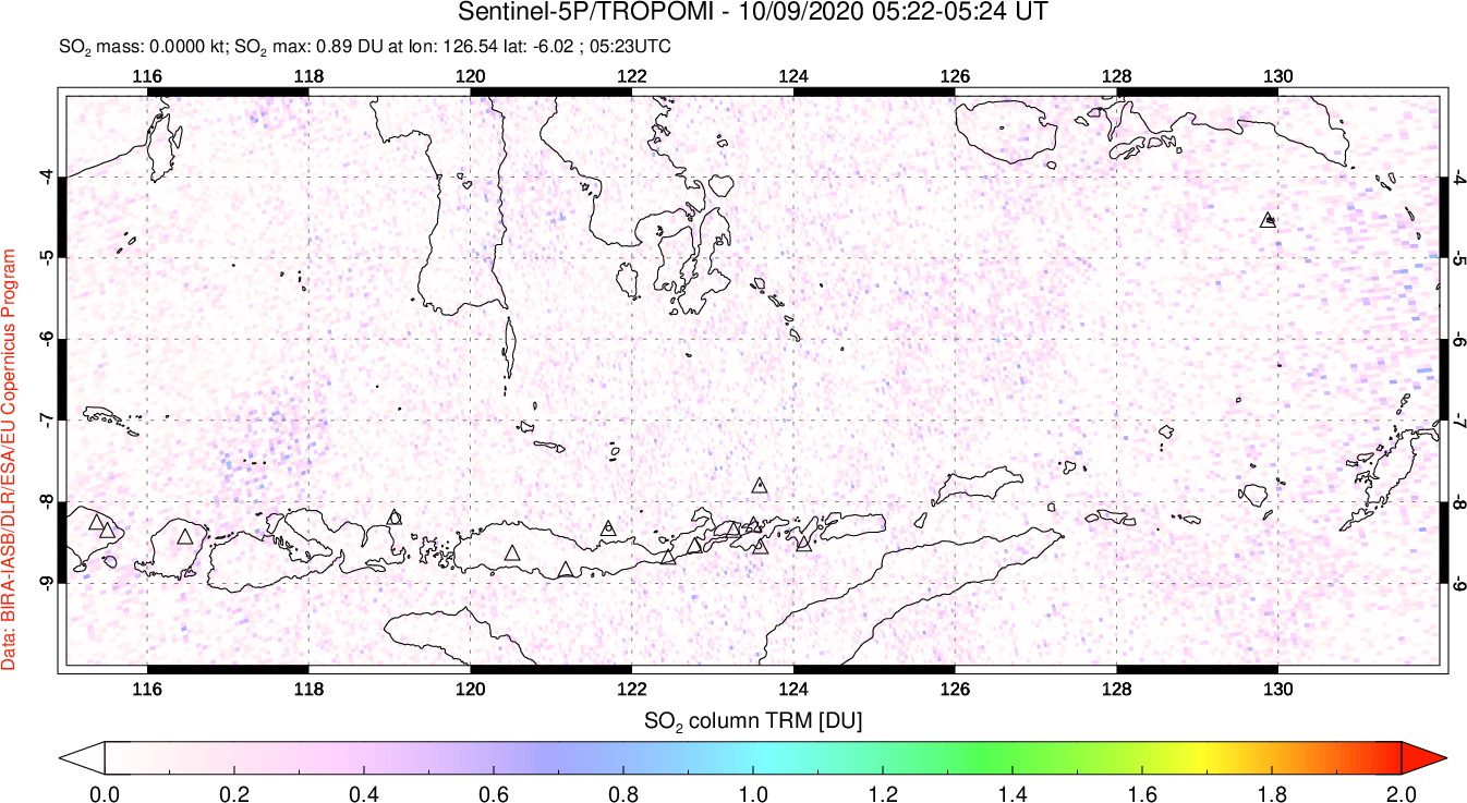 A sulfur dioxide image over Lesser Sunda Islands, Indonesia on Oct 09, 2020.