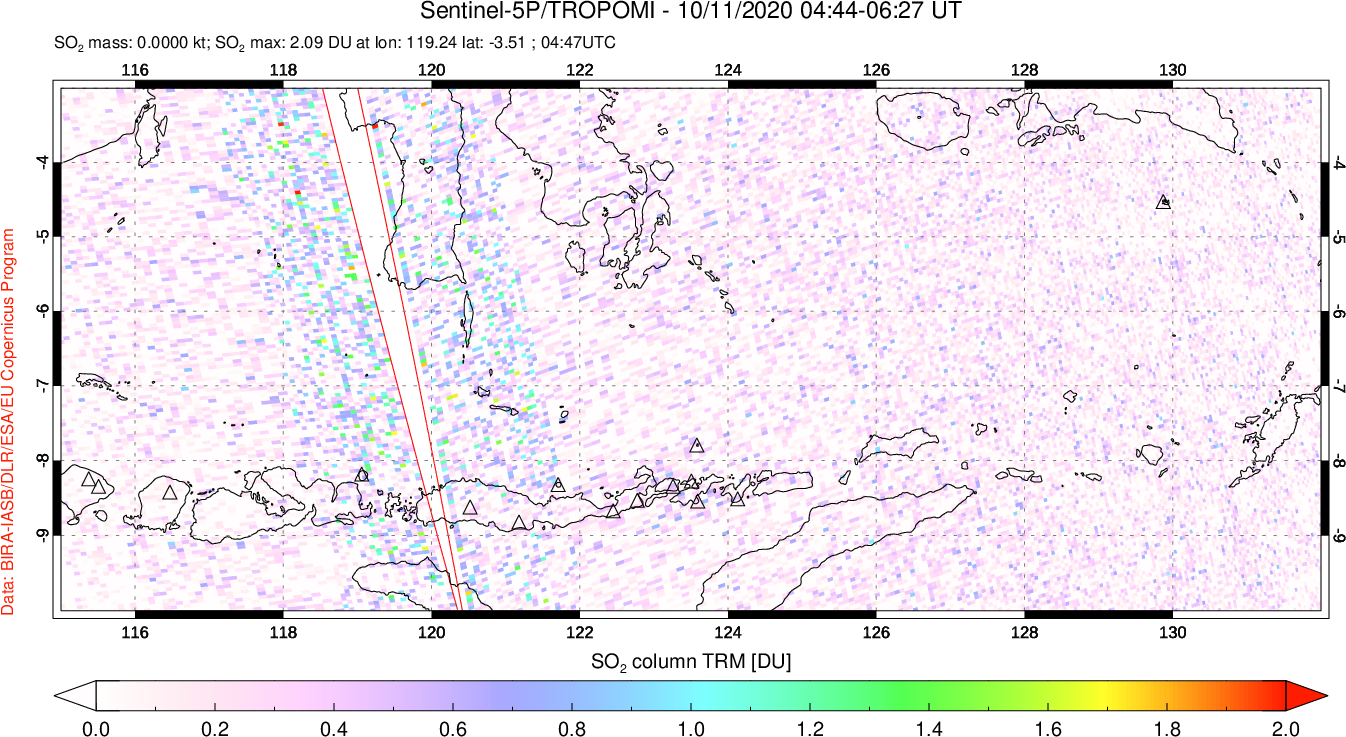 A sulfur dioxide image over Lesser Sunda Islands, Indonesia on Oct 11, 2020.