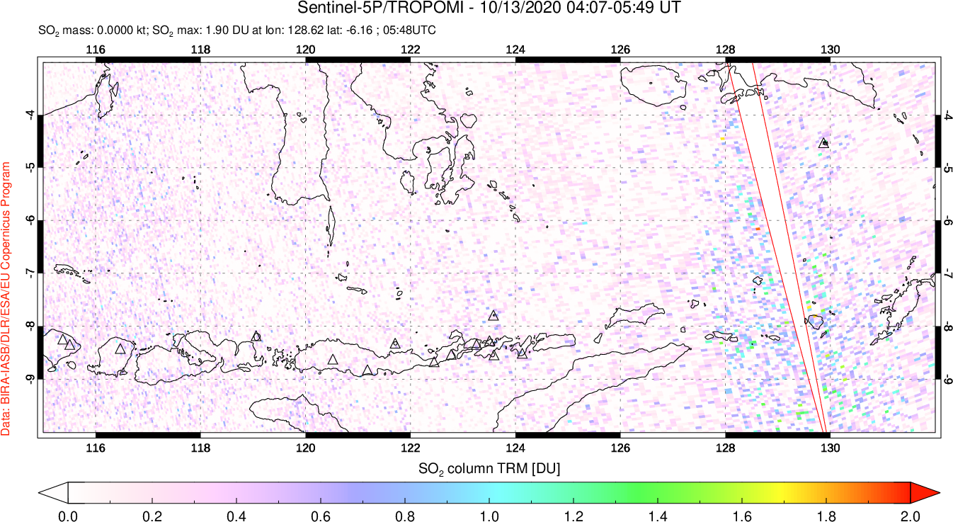 A sulfur dioxide image over Lesser Sunda Islands, Indonesia on Oct 13, 2020.