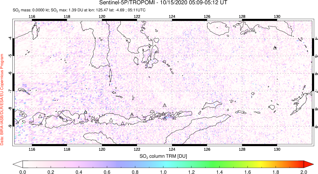 A sulfur dioxide image over Lesser Sunda Islands, Indonesia on Oct 15, 2020.
