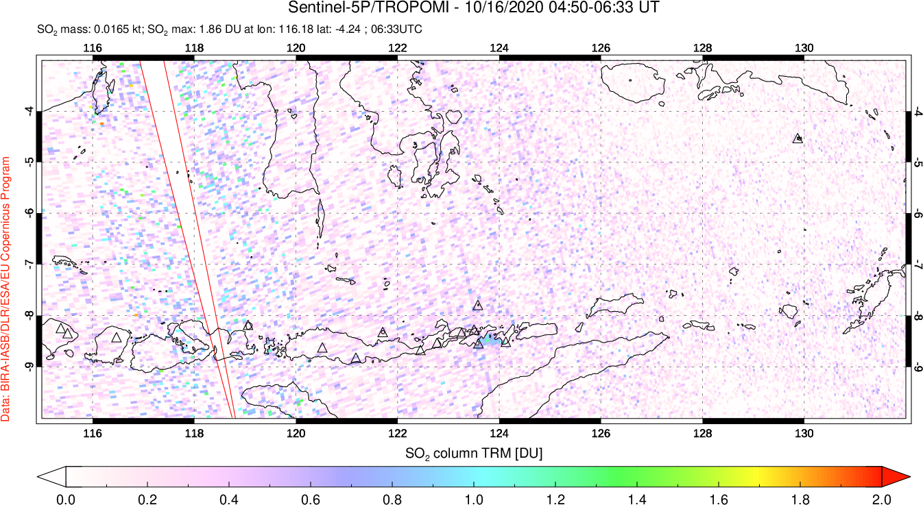 A sulfur dioxide image over Lesser Sunda Islands, Indonesia on Oct 16, 2020.